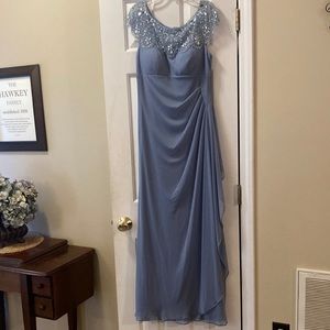 Beaded Yoke Cap Sleeve Illusion Round Neck Ruched Cascade Ruffle Side Gown